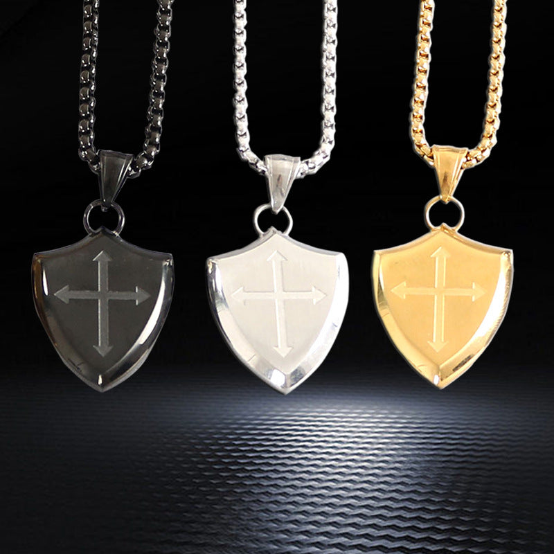 Stainless Steel Triangle Shield Cross Pendant Titanium Steel Men's Necklace Marking Lettering - Málle