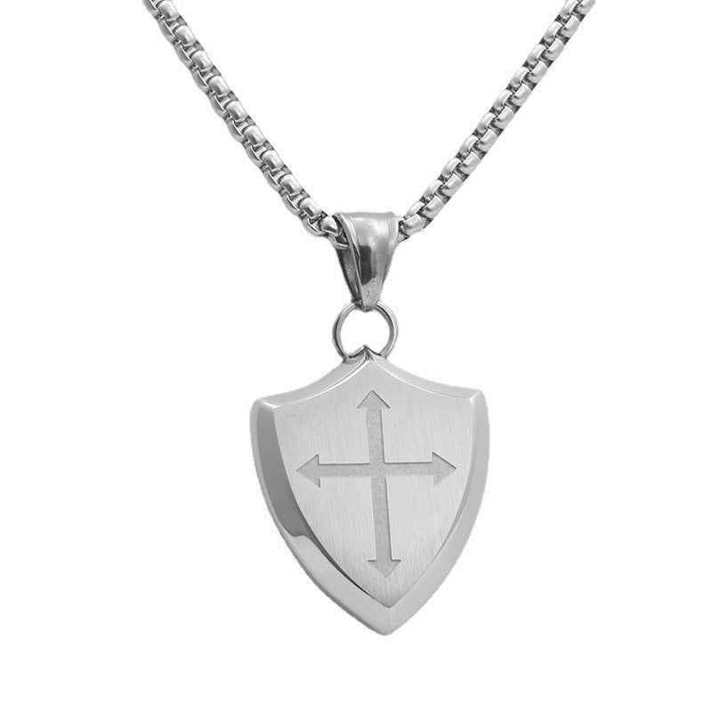 Stainless Steel Triangle Shield Cross Pendant Titanium Steel Men's Necklace Marking Lettering