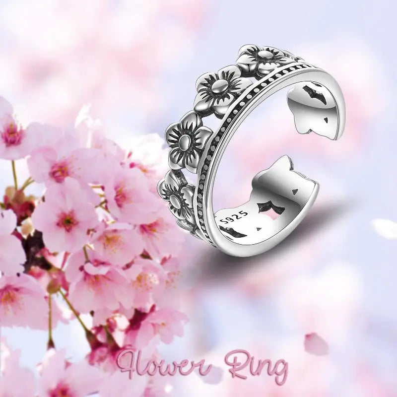 Sterling Silver Peach Blossom Opening Oxidation Ring For Women - Málle