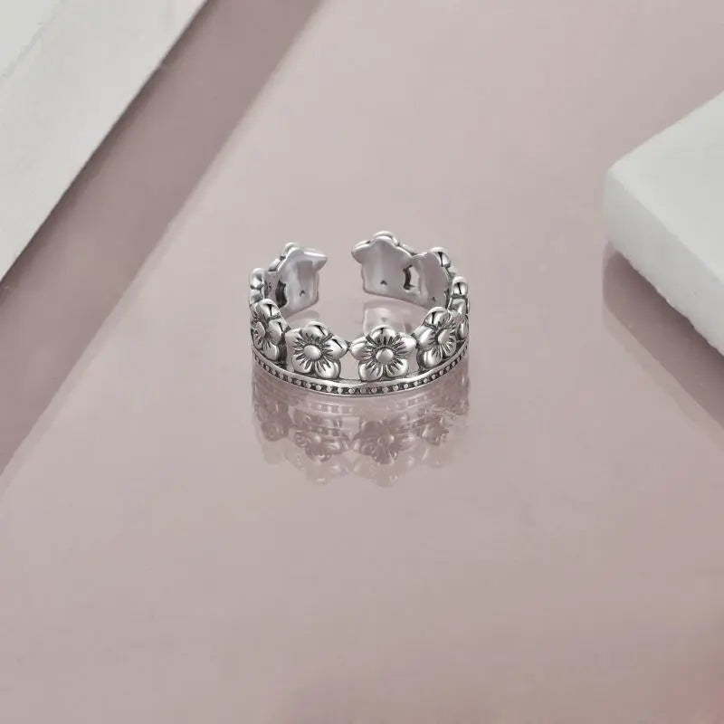 Sterling Silver Peach Blossom Opening Oxidation Ring For Women - Málle