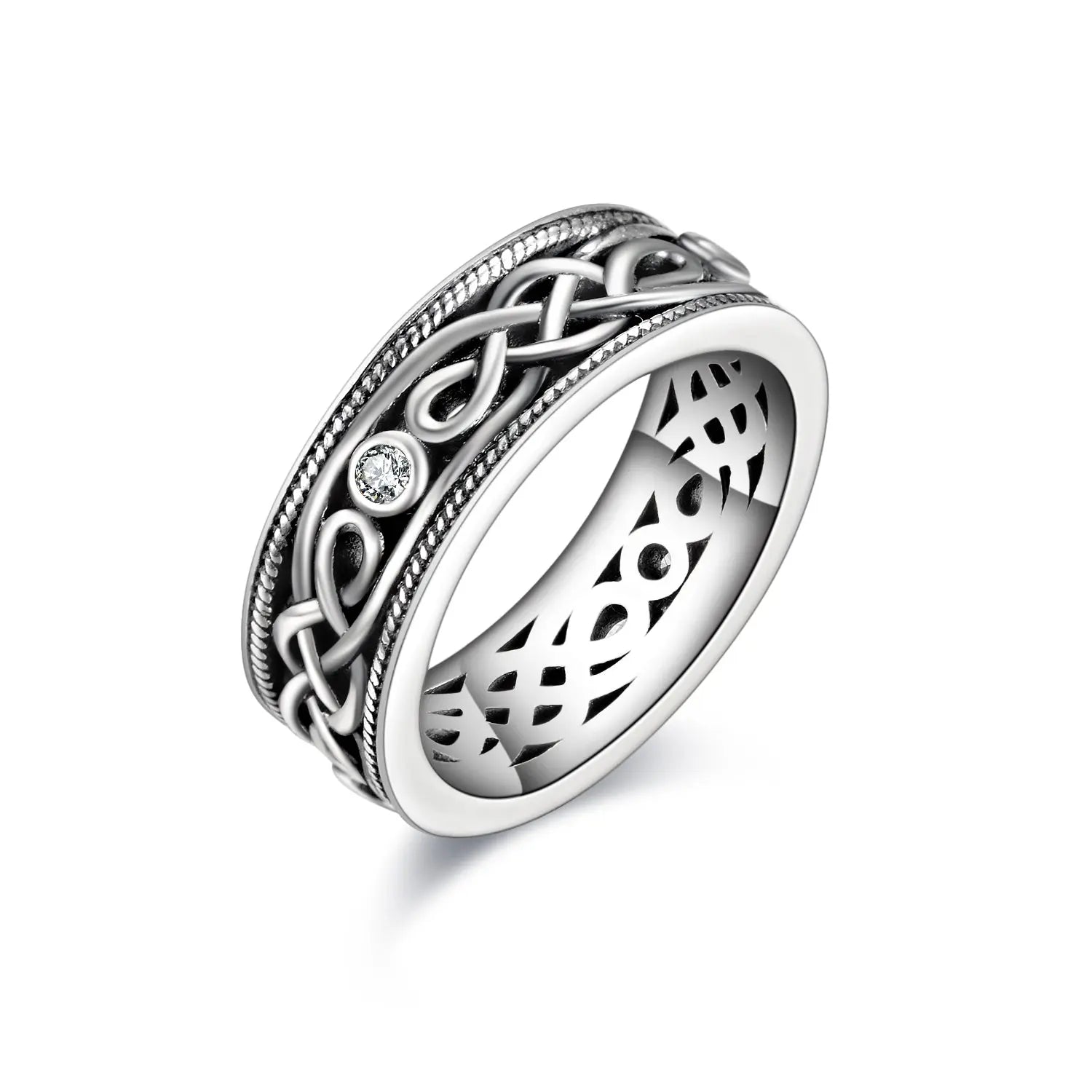 Unisex Infinity Celtic Knot Ring Vintage Tone Sterling Silver CZ Band - Málle