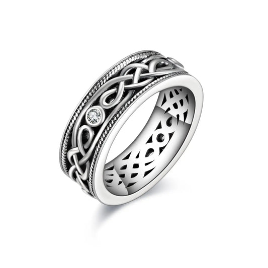Unisex Infinity Celtic Knot Ring Vintage Tone Sterling Silver CZ Band - Málle