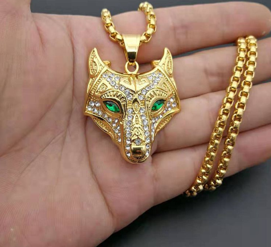 Men Stainless Steel Necklace Gold Color Viking Wolf Head Necklace Pendant With Chain Iced Out Norse Talisman Ethnic Jewelry - Málle