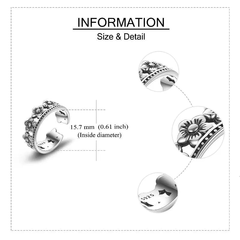 Sterling Silver Peach Blossom Opening Oxidation Ring For Women - Málle