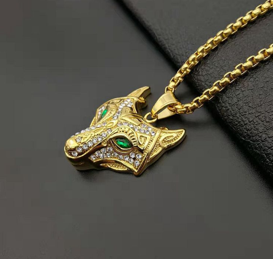 Men Stainless Steel Necklace Gold Color Viking Wolf Head Necklace Pendant With Chain Iced Out Norse Talisman Ethnic Jewelry - Málle