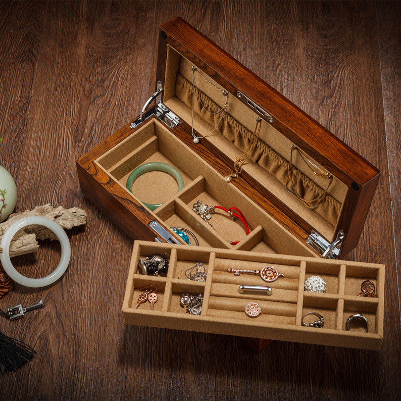 Pure Solid Wood Double-layer Jewelry Box With Lock - Málle