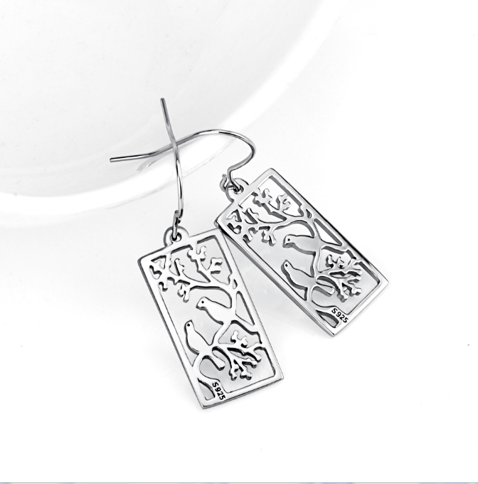 925 Silver Earrings Hollow Out Bird Painting