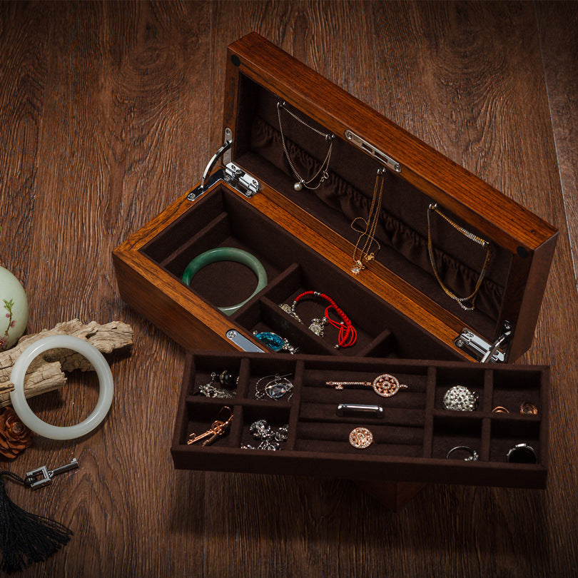 Pure Solid Wood Double-layer Jewelry Box With Lock - Málle