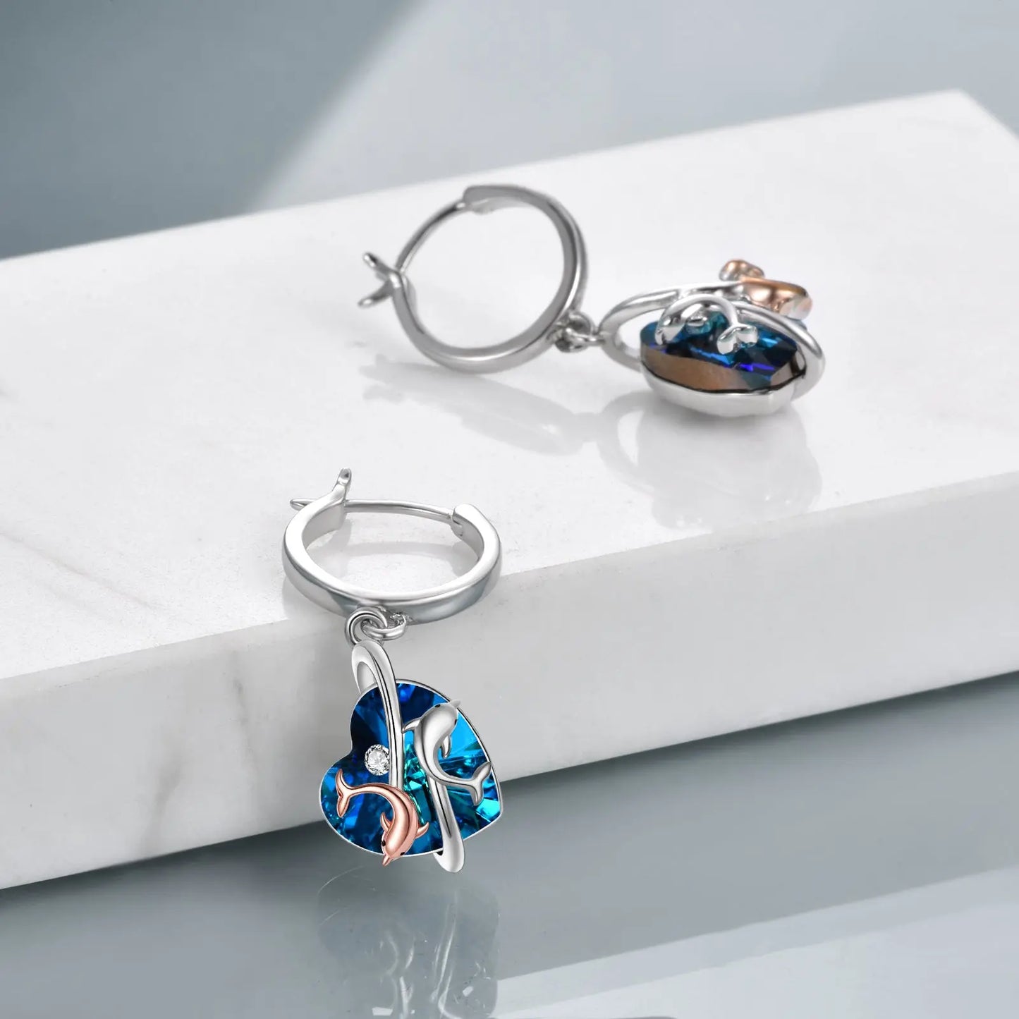 Sterling Silver New Type Crystal Dolphin White Gold Plated Rose Gold Earrings for Women - Málle