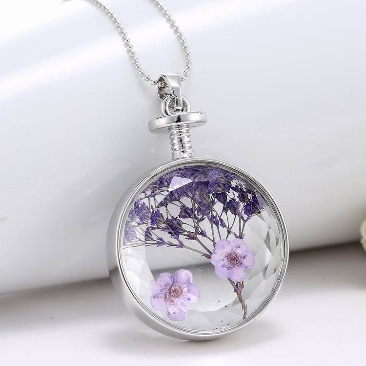 Built In Plant Specimen Lavender Round Pendant Necklace