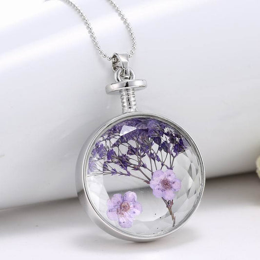 Built In Plant Specimen Lavender Round Pendant Necklace