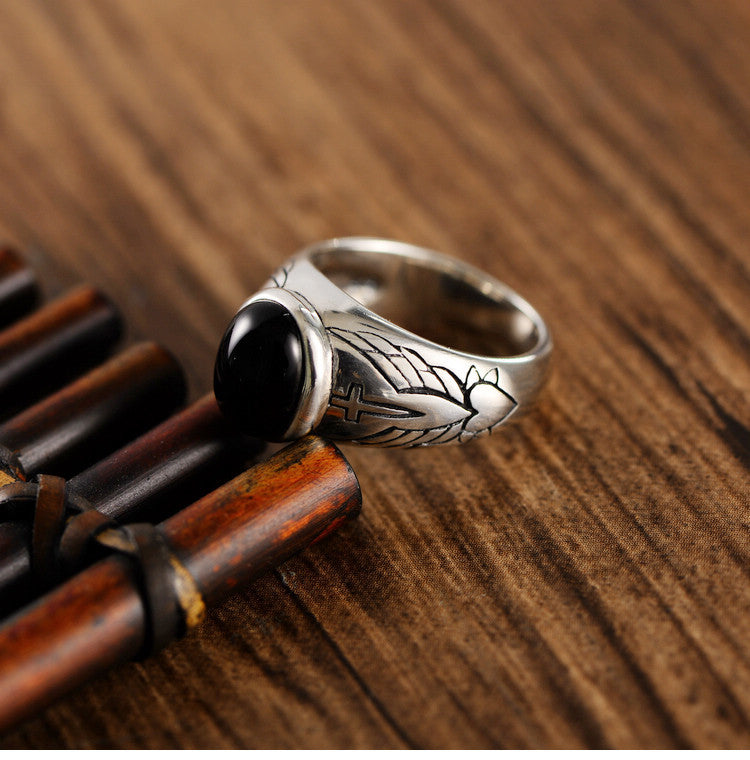 Vintage Thai Silver Black Agate Ring - Málle