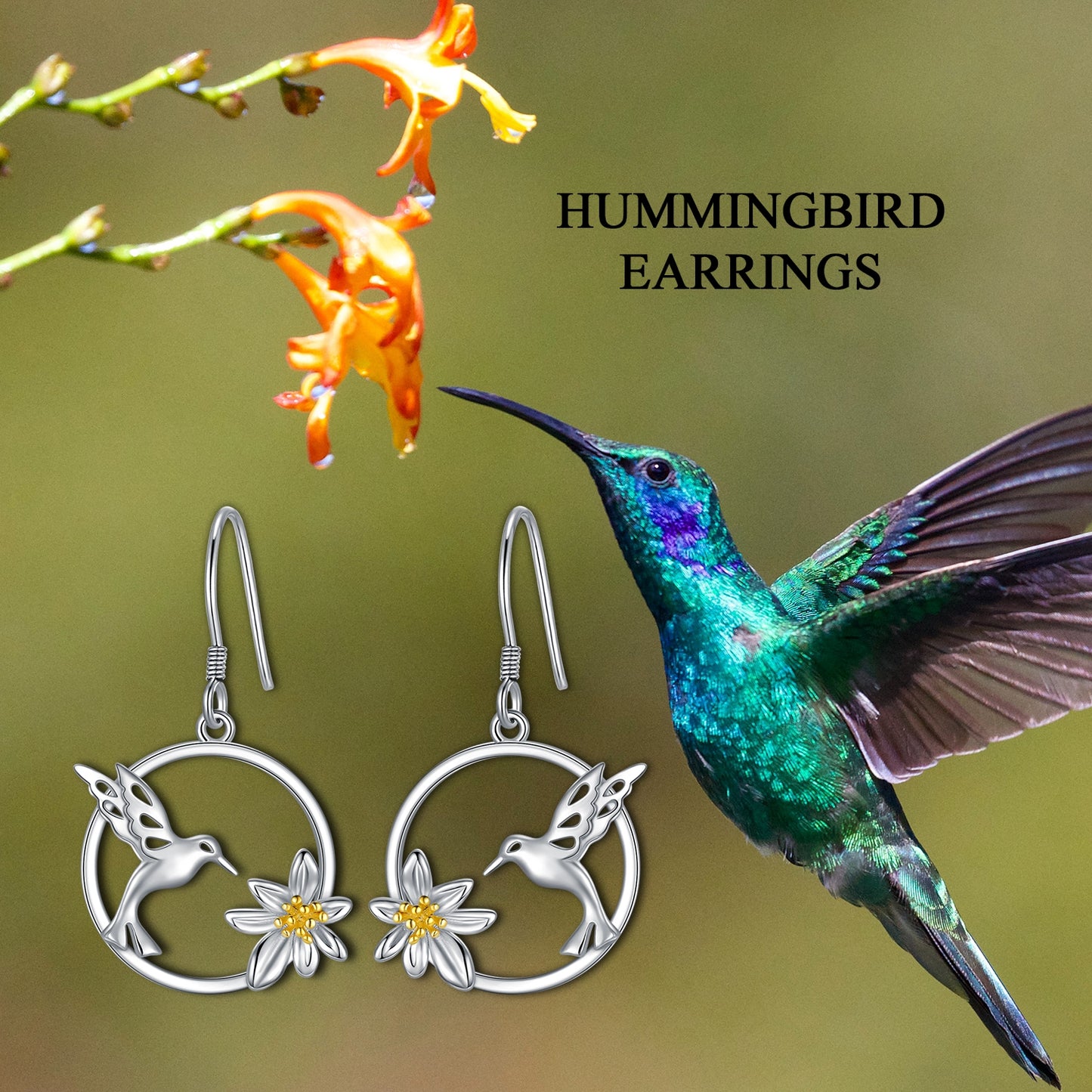 Hummingbird Earrings Sterling Silver Bird Flower Dangle Drop Hooks Earrings