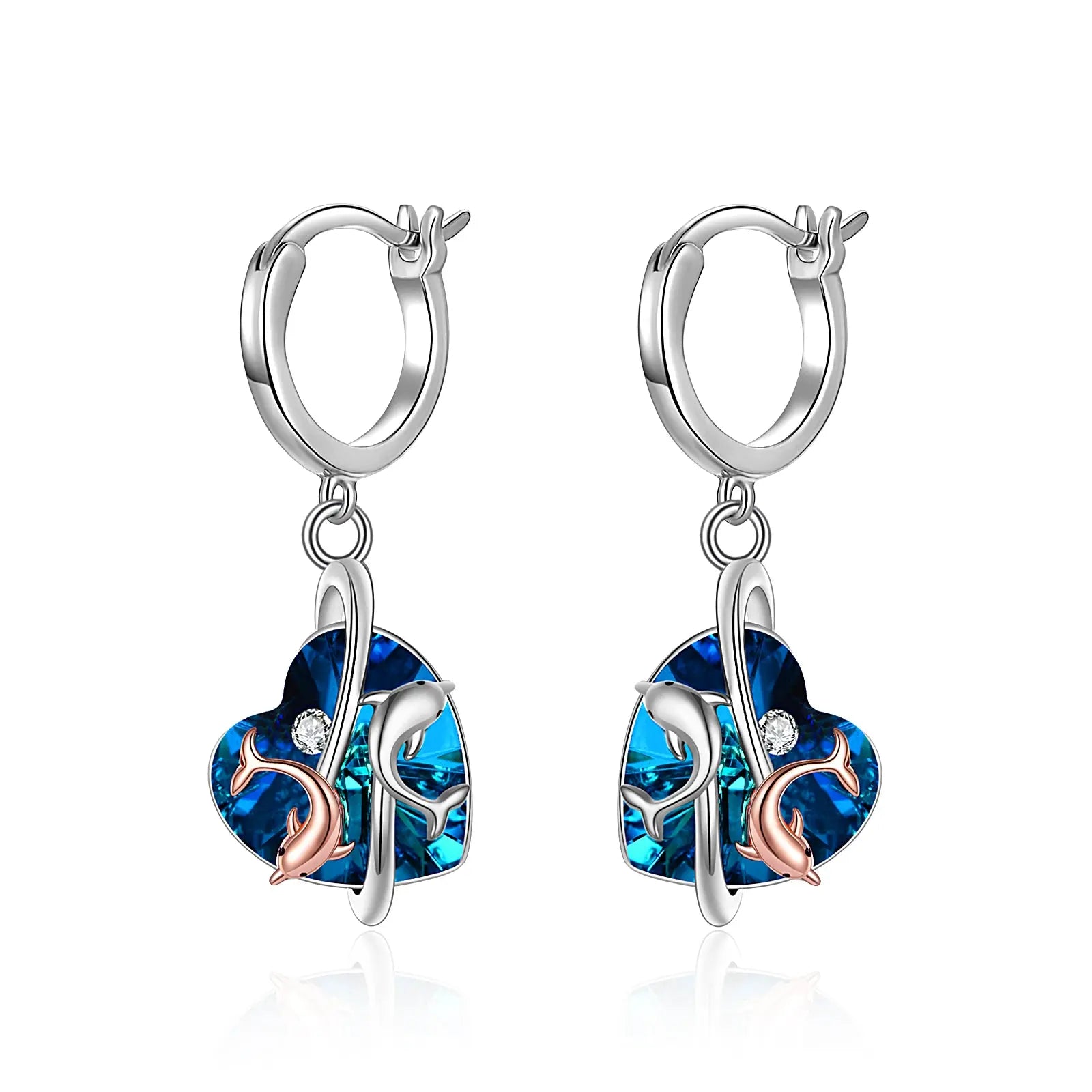 Sterling Silver New Type Crystal Dolphin White Gold Plated Rose Gold Earrings for Women - Málle