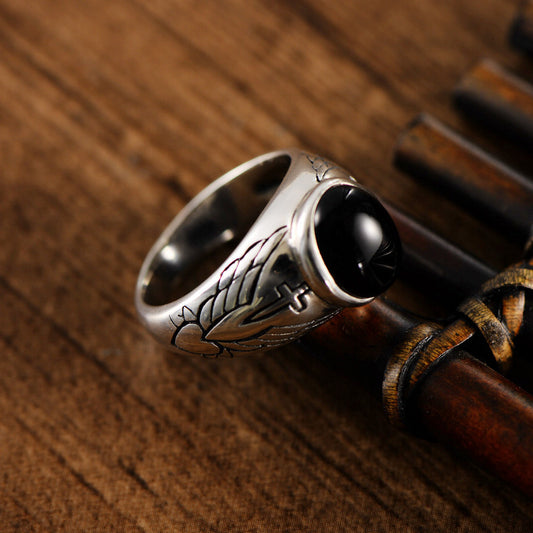 Vintage Thai Silver Black Agate Ring - Málle