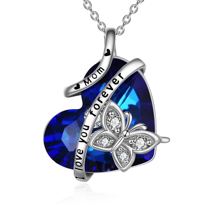 Butterfly Necklace for Mom Sterling Silver Blue Heart - Málle