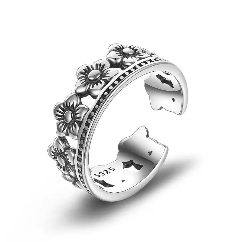Sterling Silver Peach Blossom Opening Oxidation Ring For Women - Málle