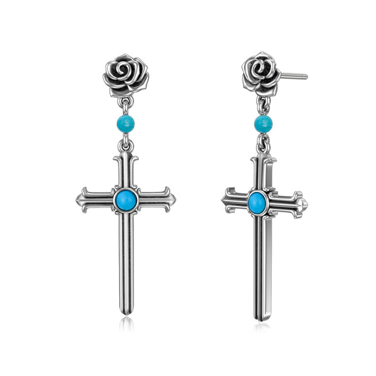 925 Sterling Silver Turquoise cross Dangle Earrings for Women