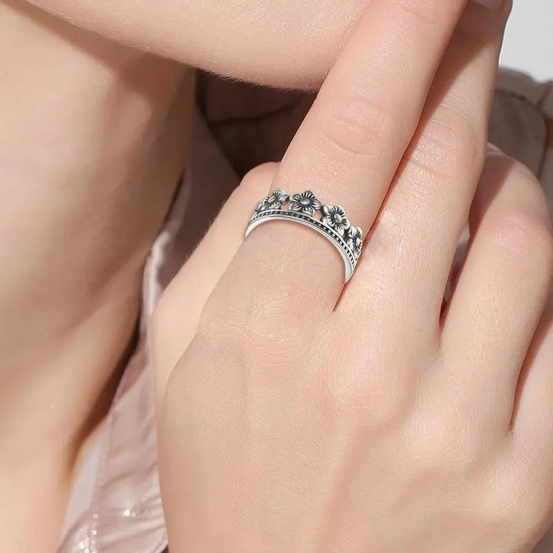 Sterling Silver Peach Blossom Opening Oxidation Ring For Women - Málle