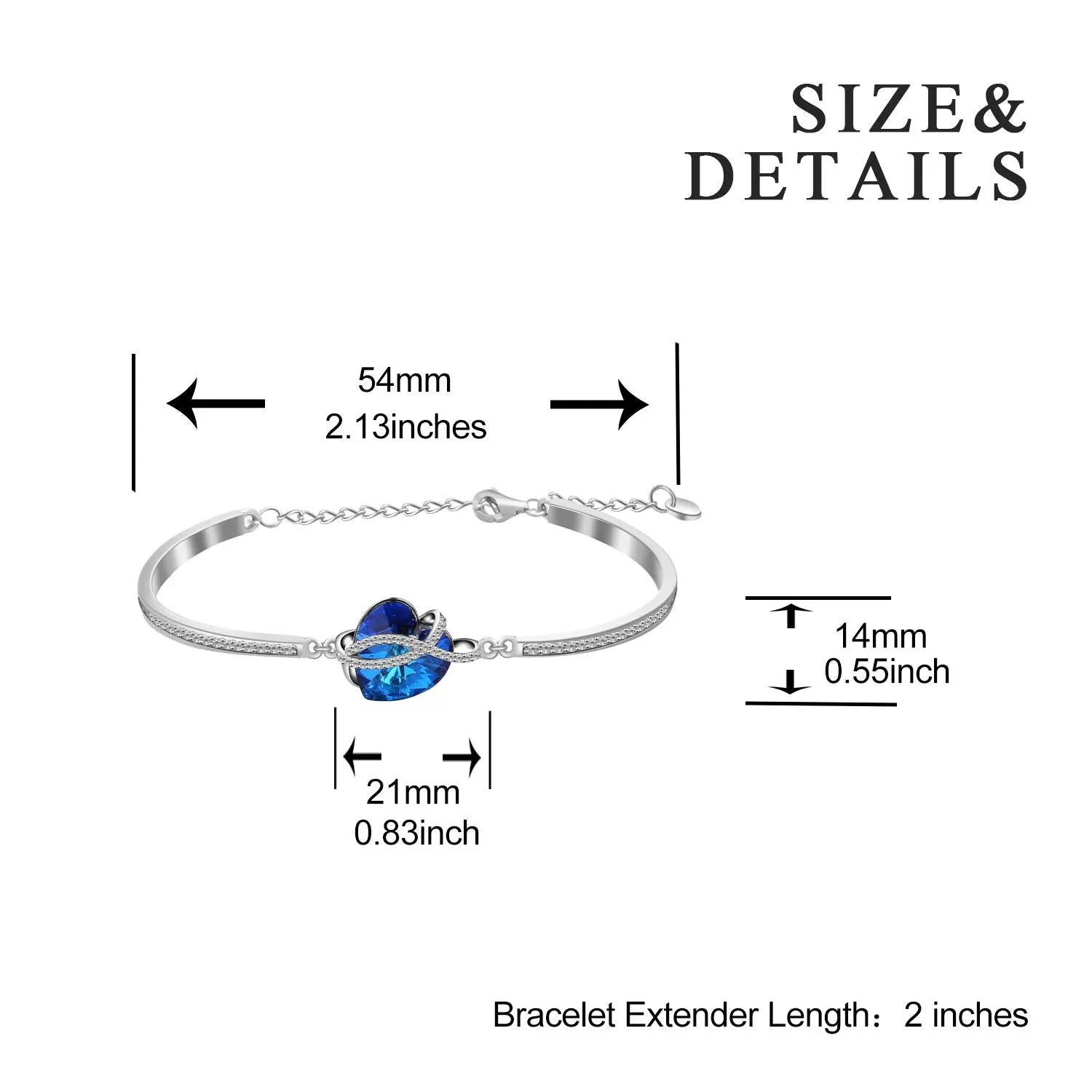 Jewelry Sterling Silver Love Heart Bangle Bracelet for Women with Crystal - Málle