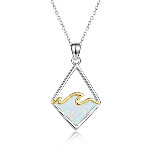 Opal Wave Necklace Sterling Silver Ocean Wave Necklace Created Opal Pendant Ocean Jewelry Beach Gifts for Women