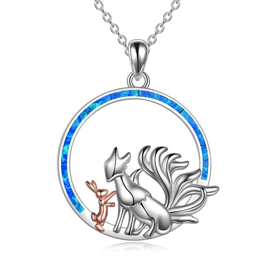Sterling Silver Blue Opal Friendship Nine Tailed Fox and Rabbit Pendant Necklace Jewelry