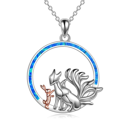 Sterling Silver Blue Opal Friendship Nine Tailed Fox and Rabbit Pendant Necklace Jewelry - Málle