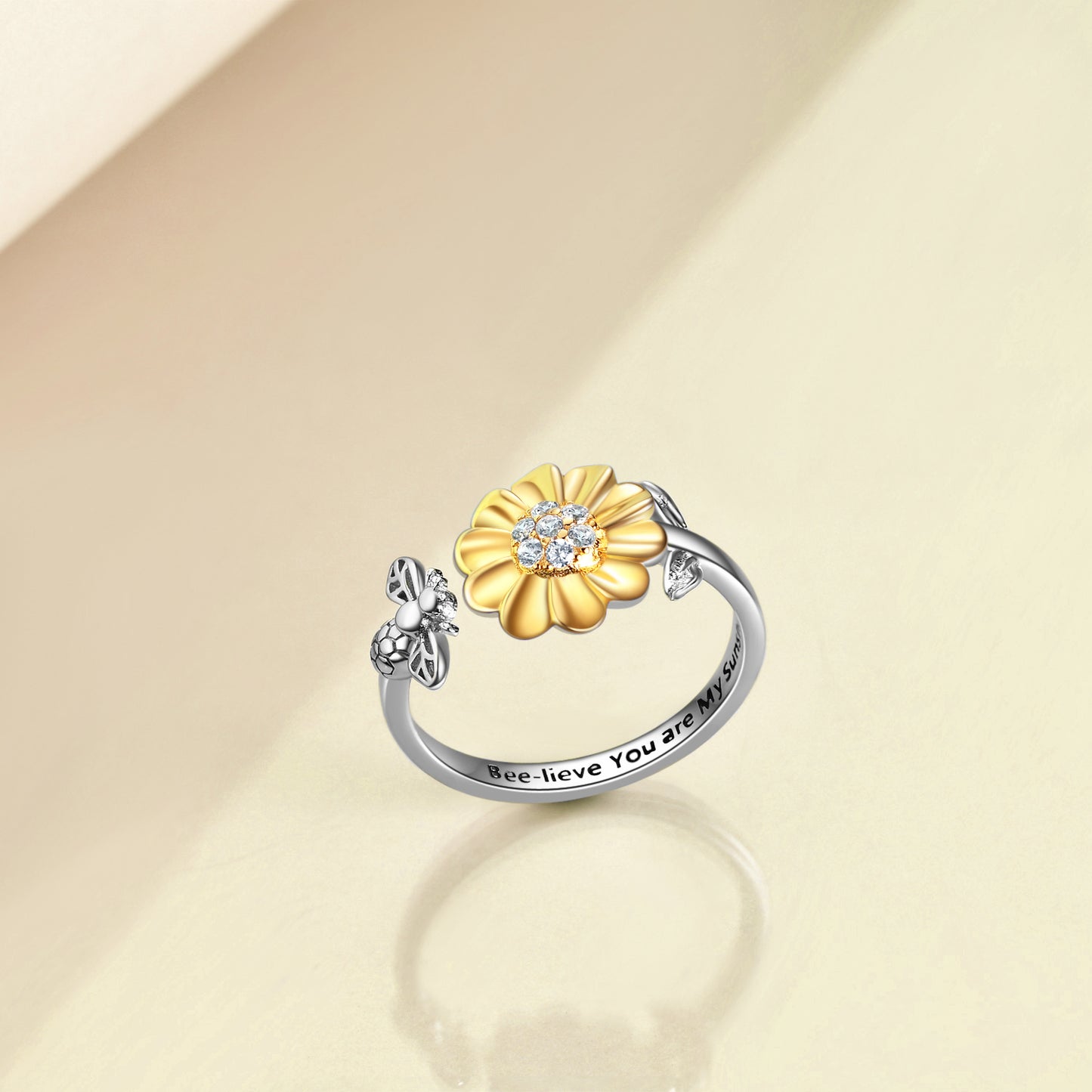 Sterling Silver Sunflower with Bee-live You Are My Sunshine Open Adjustable Ring