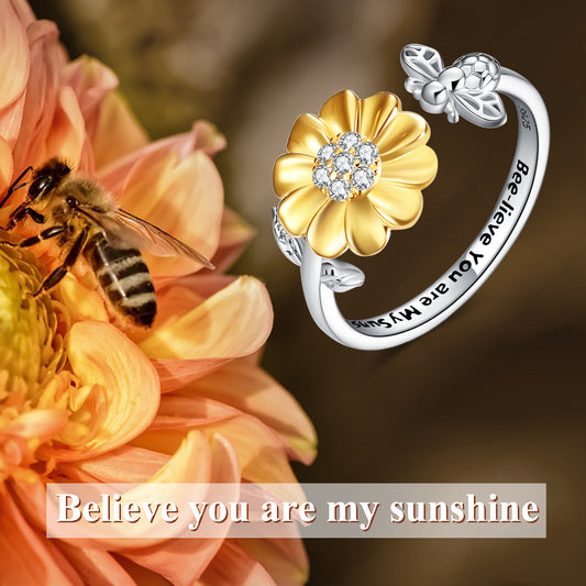 Sterling Silver Sunflower with Bee-live You Are My Sunshine Open Adjustable Ring
