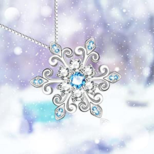 925 Sterling Silver Snowflake Pendant Necklace Blue and White  Romantic Jewelry Gift