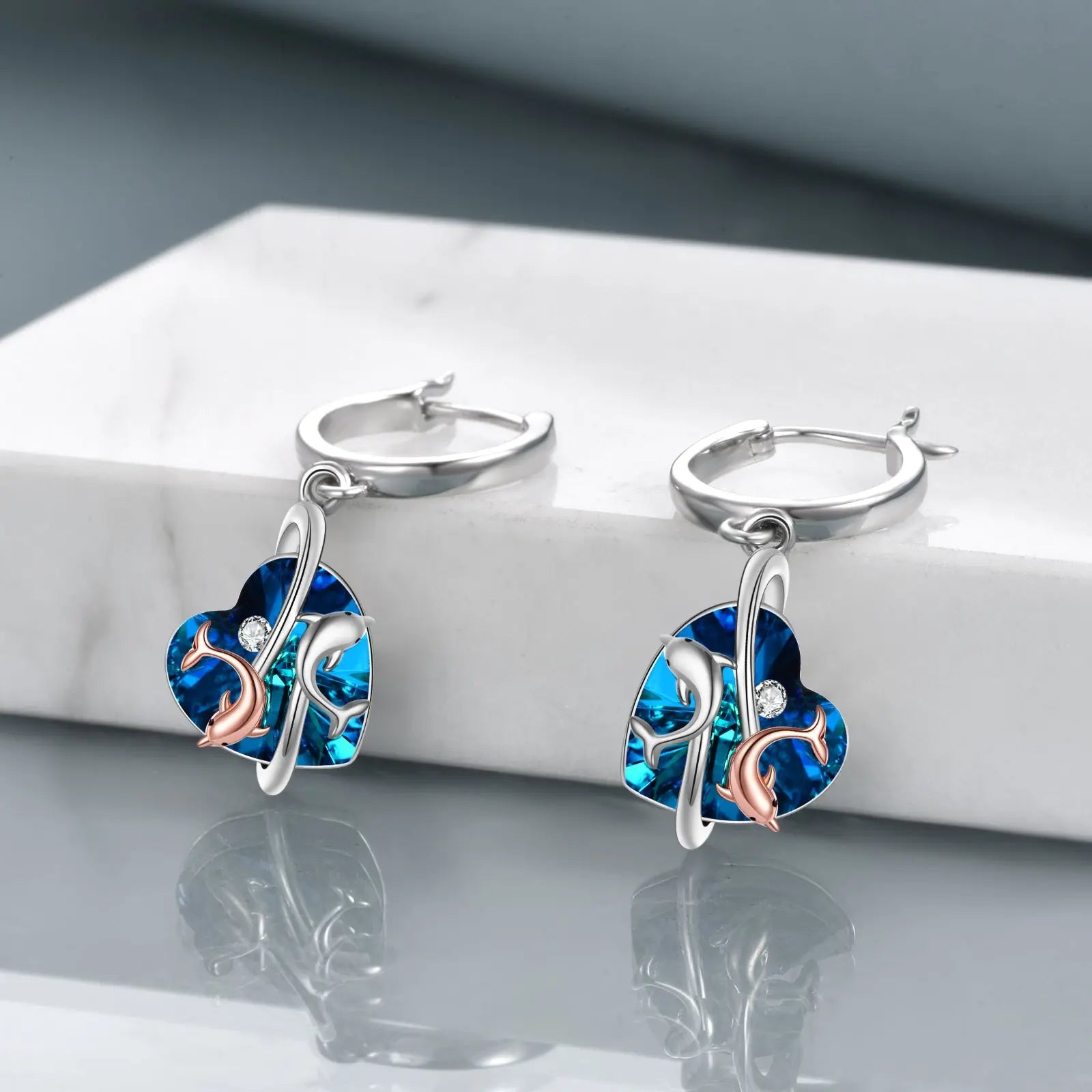 Sterling Silver New Type Crystal Dolphin White Gold Plated Rose Gold Earrings for Women - Málle