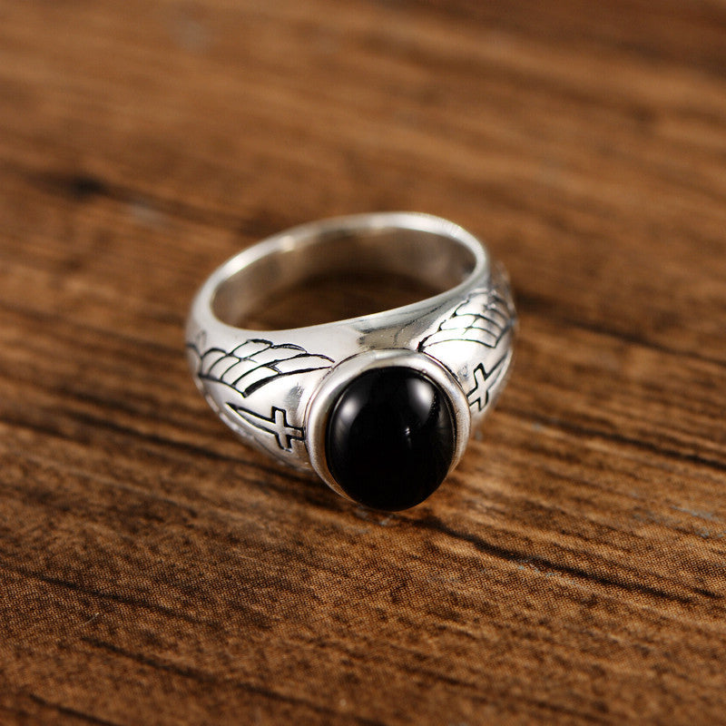 Vintage Thai Silver Black Agate Ring