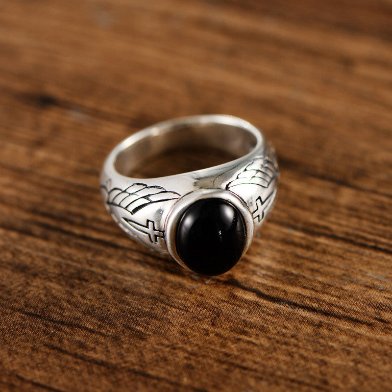 Vintage Thai Silver Black Agate Ring - Málle