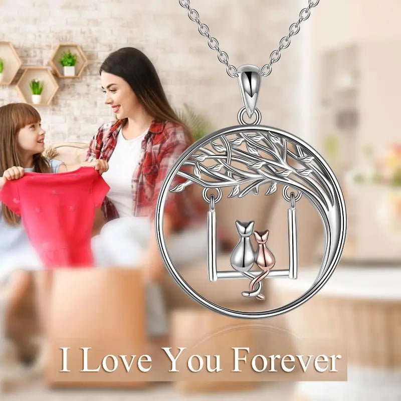 Cat Gifts Swing Tree of Life 925 Sterling Silver Mother Daughter Necklace - Málle