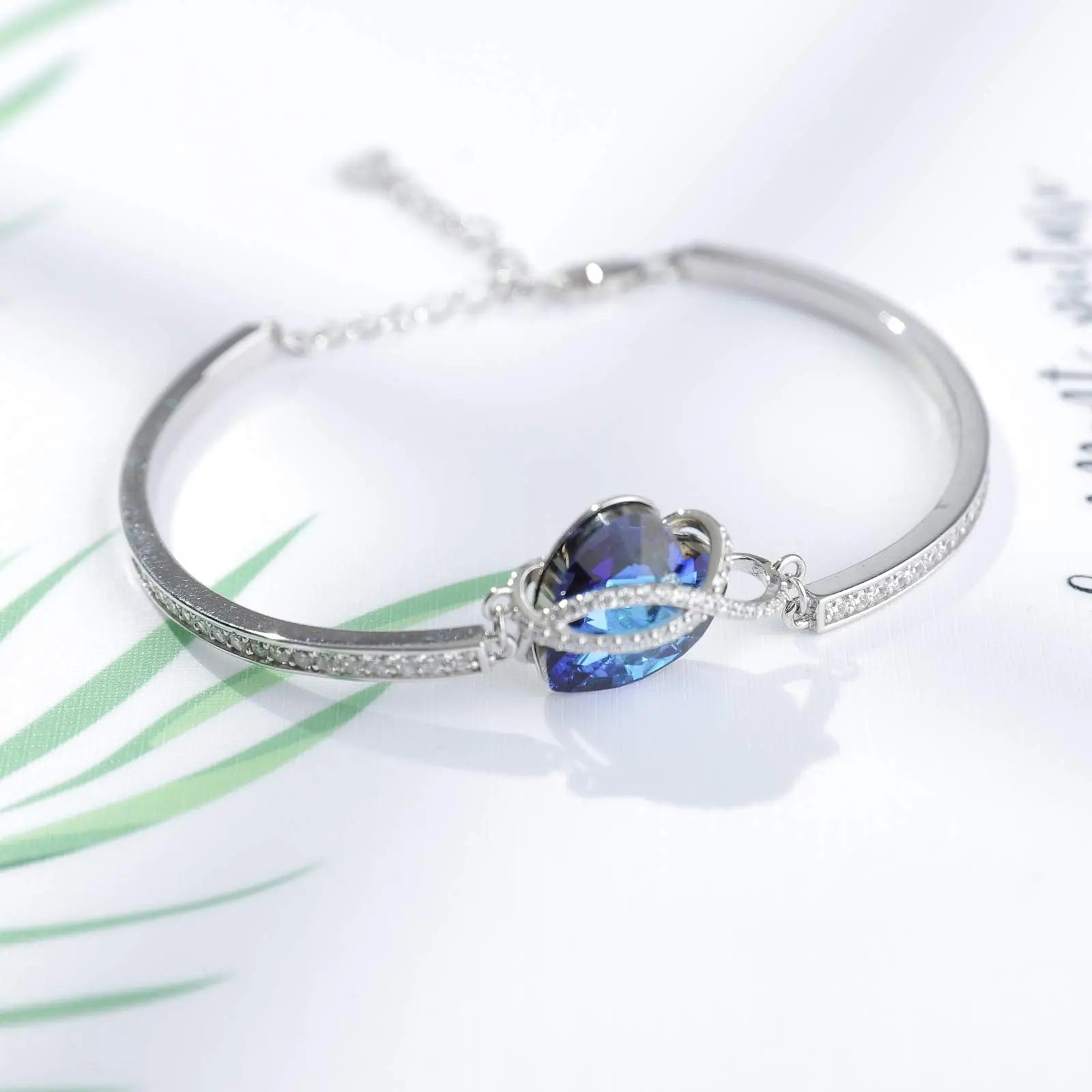 Jewelry Sterling Silver Love Heart Bangle Bracelet for Women with Crystal - Málle