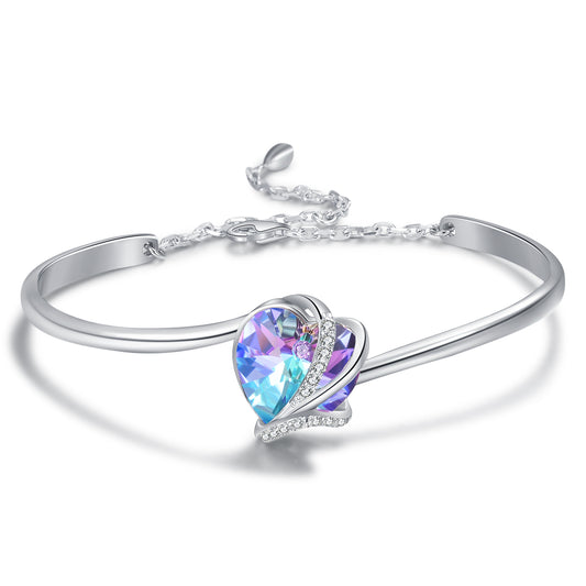925 Sterling Silver Love Heart Adjustable Bangle Bracelet with Crystals-I Love You Hypoallergenic Fine Jewelry - Málle