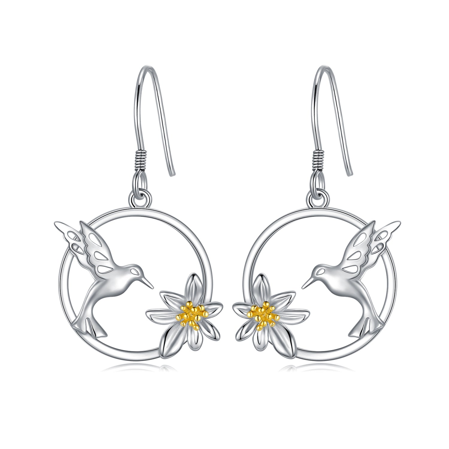 Hummingbird Earrings Sterling Silver Bird Flower Dangle Drop Hooks Earrings - Málle