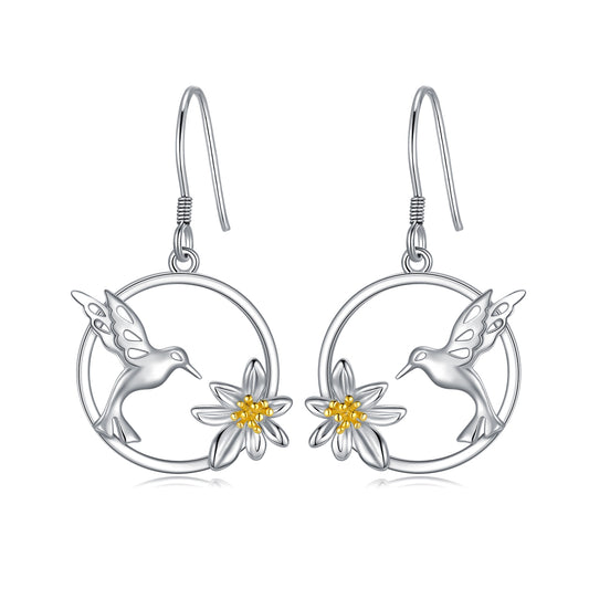 Hummingbird Earrings Sterling Silver Bird Flower Dangle Drop Hooks Earrings